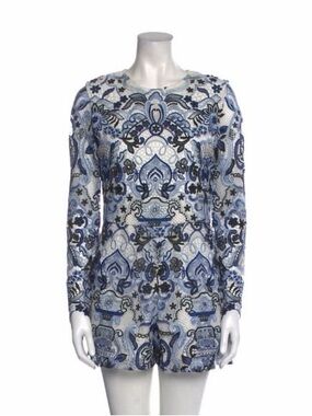 Alexis Blue and White Embroidered Long-Sleeve Romper